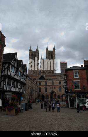 Exchequer Gate with the west front of Lincoln Cathedral behind Stock Photo