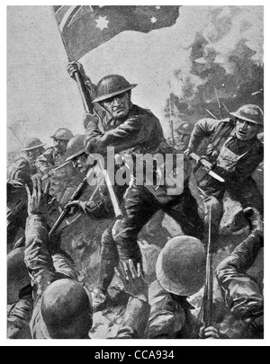 1917 Australian capturing Polygon and Glencorse Wood September 20th flagpole flag standards colours bayonet rifle charge trench Stock Photo