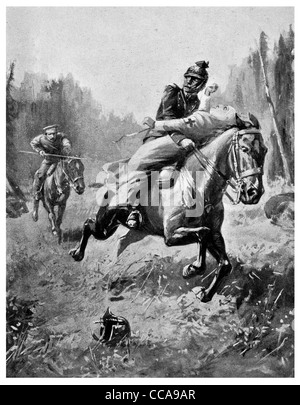 1914 Cossack  Rescue Red Cross Nurse horse rider riding saddle saving save hero lance chase cavalry chased carry carried gallop Stock Photo