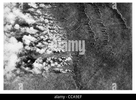 1916 German Gas Attack  Aerial photograph fatal fumes Russian trench Chemical warfare weapon tear mustard gas respirator mask Stock Photo