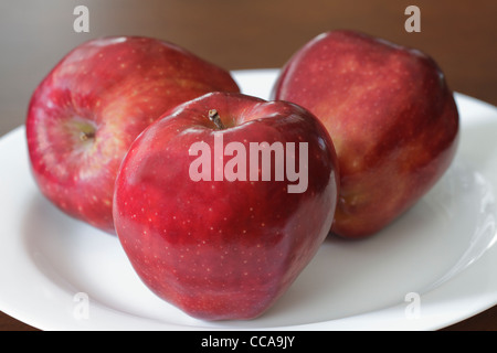 Three red delicious apples on a white plate Stock Photo