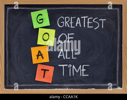 GOAT acronym (greatest of all time ) - sticky notes and white chalk handwriting on blackboard Stock Photo