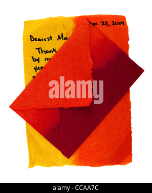 love ot thank you letter with envelope , color handmade paper, isolated on white Stock Photo
