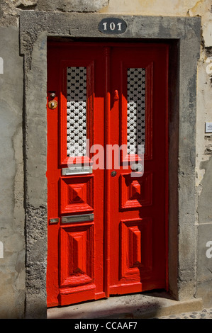 Red painted door Old Town Funchal Madeira Portugal EU Europe Stock Photo