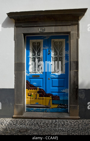 Decorative painted doors Old Town Funchal Madeira Portugal EU Europe Stock Photo