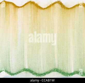 green and gold abstract background - wavy lines and vertical smudges of soft pastel crayons on white paper Stock Photo