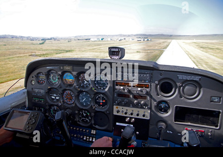 Airstrip landing view from the cockpit of a cessna 172. Stock Photo
