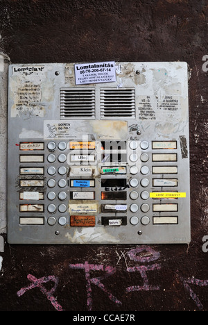 Old intercom at the front door of an apartment block, Budapest, Hungary Stock Photo