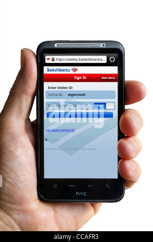 Logging on to online mobile banking with Bank of America on an HTC smartphone Stock Photo