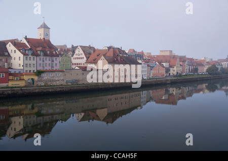 Germany, Bavaria, Regensburg. Early morning medieval city views from the Danube River. UNESCO Stock Photo