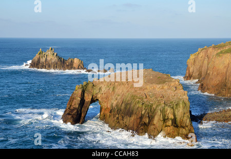 Enys Dodnan and the Armed knight rocks at Lands End in Cornwall, UK Stock Photo