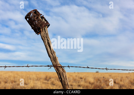 An old blasted can on top of a barbed wire fence post - rural New Mexico, USA. Stock Photo