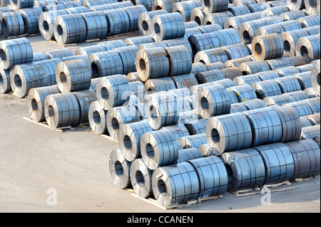 rolls of steel sheet in harbor Stock Photo