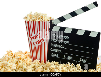 Movie Clapper Board in popcorn isolated on white Stock Photo