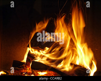 Closeup of firewood burning in fire Stock Photo