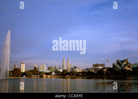 A panoramic view of Lake Titiwangsa Gardens to the Kuala Lumpur skyline and the Petronas Towers and Istana Budaya in Malaysia Far East Southeast Asia. Stock Photo