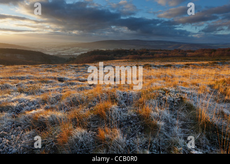 View from Selworthy Beacon towards Dunkery Beacon on a frosty morning. Holnicote Estate. Exmoor. Somerset. England. UK. Stock Photo