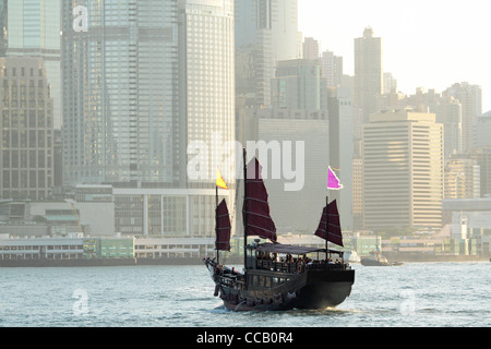 Chinese sailing ship in Hong Kong Victoria Habour  Stock Photo