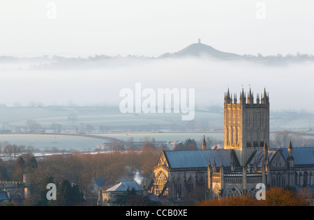 Wells Cathedral with Glastonbury Tor in the Distance. Winter. Somerset. England. UK.
