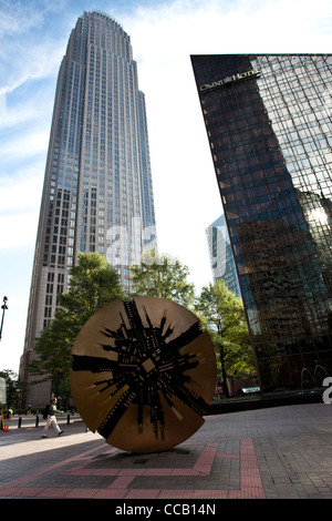 Statue the Grande Disco by Arnaldo Pomodoro at the Bank of America Plaza Charlotte, NC. Stock Photo