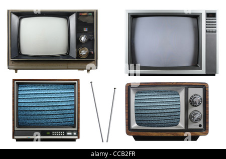 Old vintage televisions with antenna isolated on a white background Stock Photo