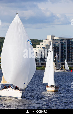 Cardiff, South Wales, UK, Great Britain. Yachts racing in a sailing regatta in Cardiff Bay Stock Photo