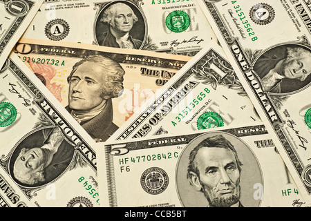 Detailansicht verschiedener US Amerikanischer Dollar Banknoten | Detail photo of various U.S. American dollar bills Stock Photo