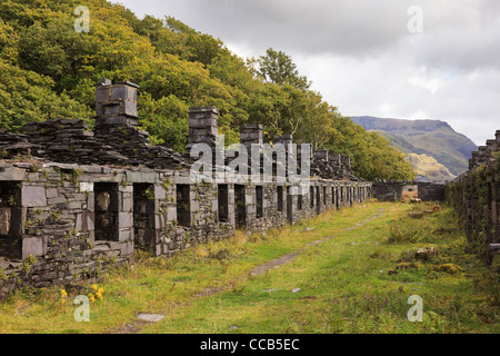 Ruins of old Anglesey Barracks quarrymen's cottages in disused Dinorwig slate quarry on Elidir Fawr in Snowdonia North Wales UK Stock Photo