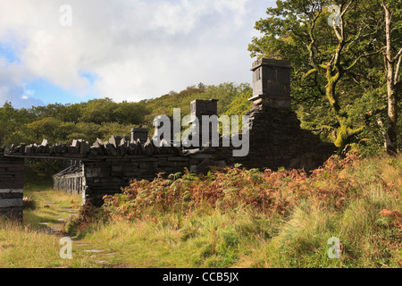Ruins of old Anglesey Barracks quarrymen's cottages in disused Dinorwig slate quarry on Elidir Fawr in Snowdonia North Wales UK Stock Photo
