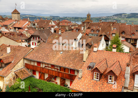 Murten old town with narrow lanes and clay shingle roofs, Switzerland Stock Photo