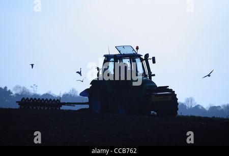 A tractor driver working on the land in winter in North Norfolk. Stock Photo