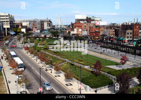 Rose Fitzgerald Kennedy Greenway is a greenery-filled landscape replacing a highway in Boston, Massachusetts. Stock Photo