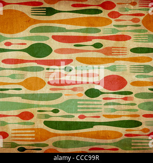 Vintage Cutlery icon seamless pattern background. Fork, knife and spoon silhouettes on different sizes and colors.  Stock Photo