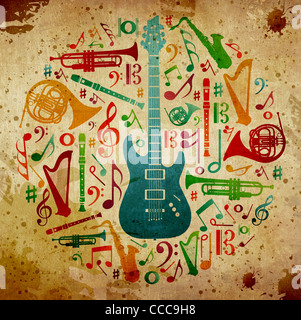 Multicolored music instruments silhouette in circle shape. Vintage background Stock Photo