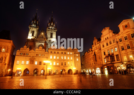 Main Square in Prague illuminated at night, Czech Republic Stock Photo