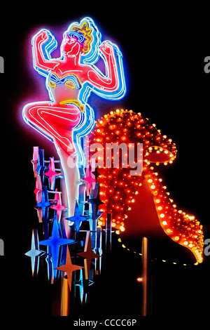 A dancing showgirl and a giant high heel shoe decorate Fremont Street in Las Vegas, NV, as part of the Fremont Street Experience Stock Photo