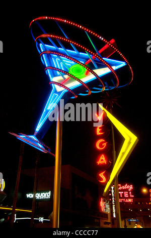 A giant martini glass in blue neon on Fremont Street in Las Vegas, NV, is part of the neon sign 'Fremont Street Experience'. Stock Photo