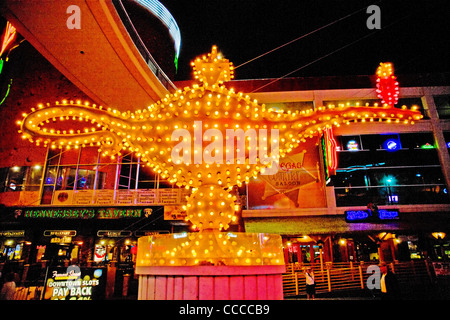 Aladdin's lamp sign decorates Fremont Street in Las Vegas, NV, as part of the 'Fremont Street Experience'. Stock Photo