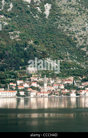 View of Perast across the Bay of Kotor, Montenegro Stock Photo