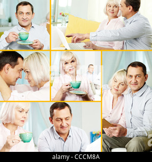 Collage of mature man and his wife spending time at home Stock Photo
