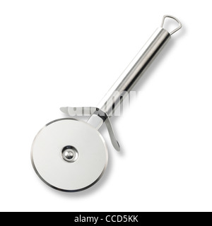 A still life shot of a stainless steel kitchen implement or pizza cutter on a white background with shadow Stock Photo