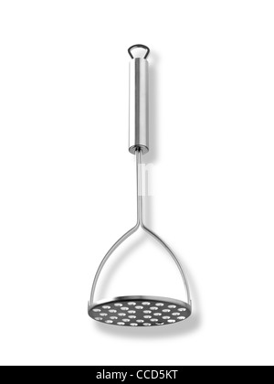 A still life shot of a stainless steel kitchen implement or potato masher on a white background with shadow Stock Photo