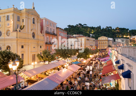 Dusk view of the Cours Saleya, a cornucopia of open air cafés and a fresh produce market in Nice on France's Mediterranean coast Stock Photo