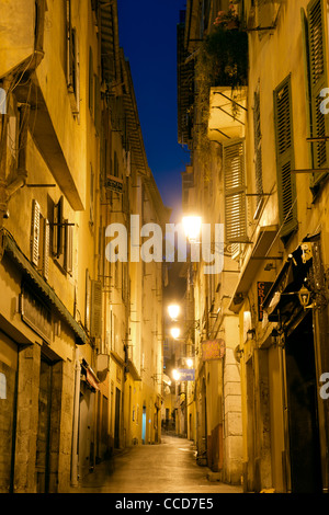 Night-time view of a deserted street in the old town of Nice on the Mediterranean coast in southern France. Stock Photo