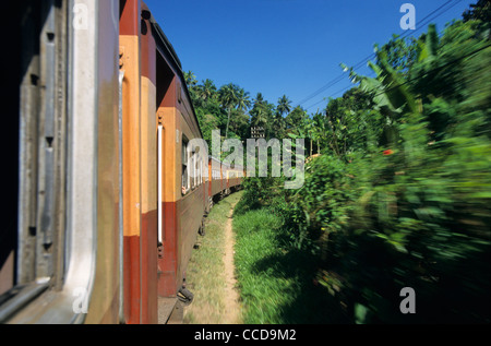 Train Intercity Express Kandy-Colombo running in countryside, Sri Lanka Stock Photo