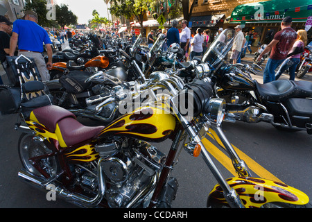 Motorcycles parked on Main Street during the Thunder by the Bay motorcycle event in downtown Sarasota Florida Stock Photo