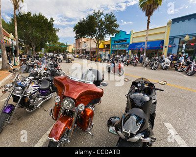 Motorcycles parked on Main Street during the Thunder by the Bay motorcycle event in downtown Sarasota Florida Stock Photo