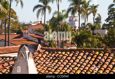 View of courthouse tower over tile rooftops in 'Santa Barbara', California Stock Photo
