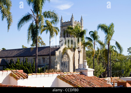 View of church over rooftops in 'Santa Barbara', California Stock Photo