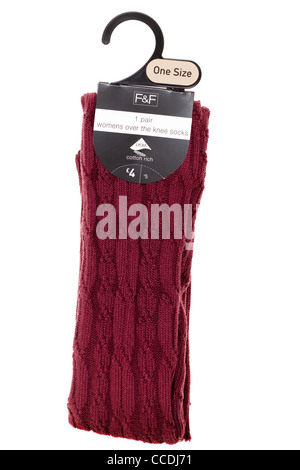 Pair of one size over the knee womens Lycra socks in cherry red Stock Photo